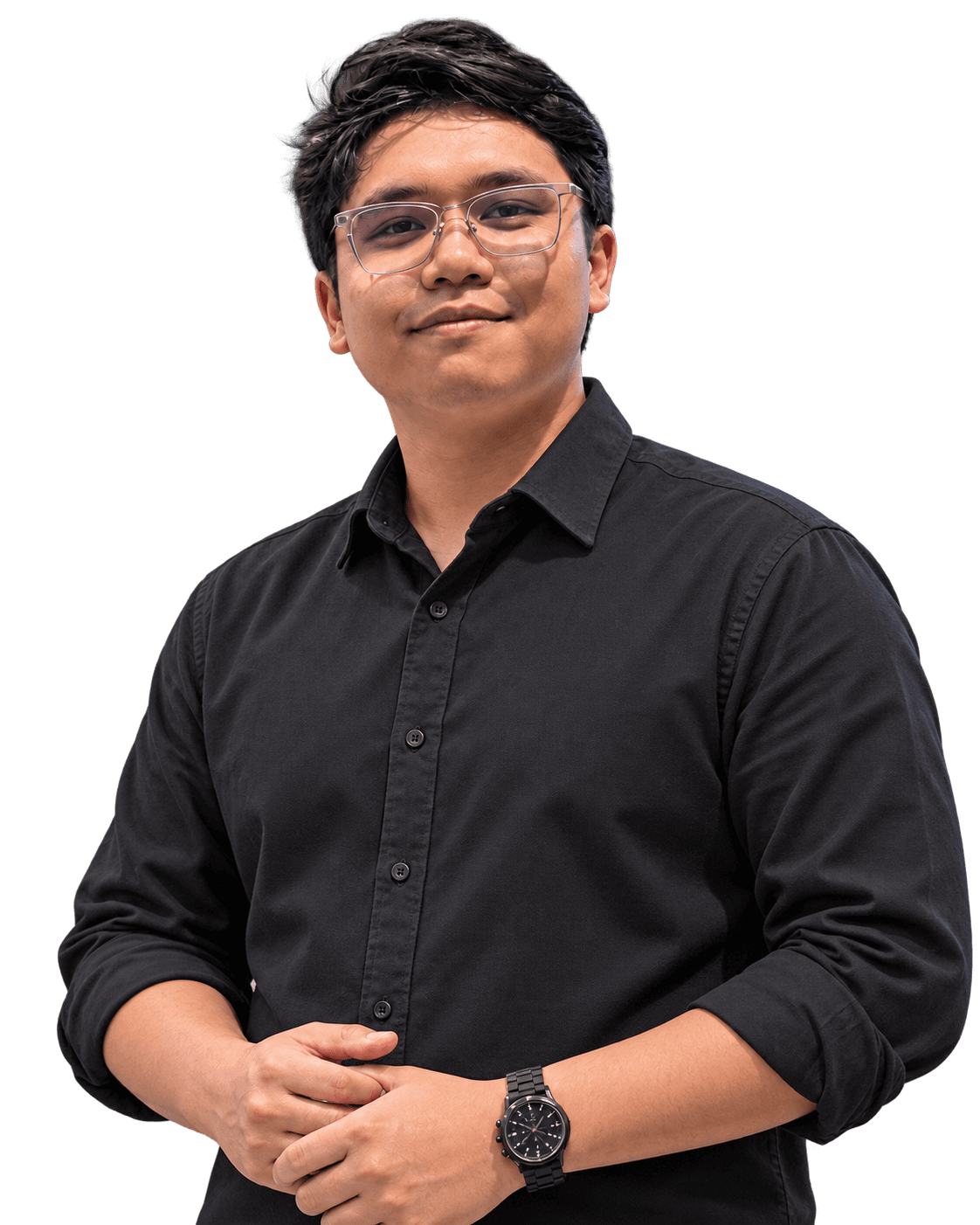 Half-body portrait of Andhika Pratama wearing glasses and a charcoal shirt