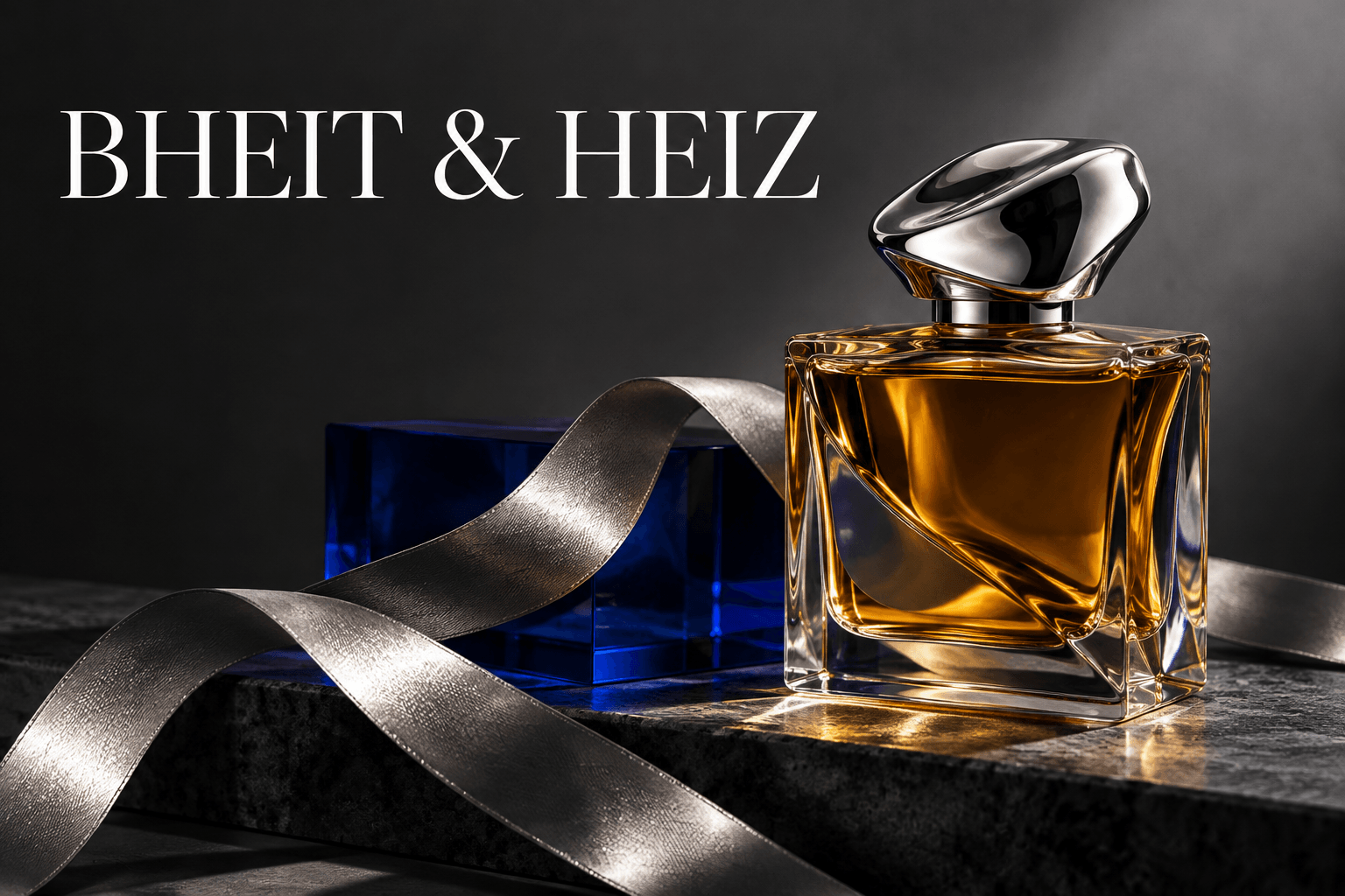 Conceptual Bheit and Heiz cover with an unlabelled perfume bottle, silver ribbon, and cobalt glass block