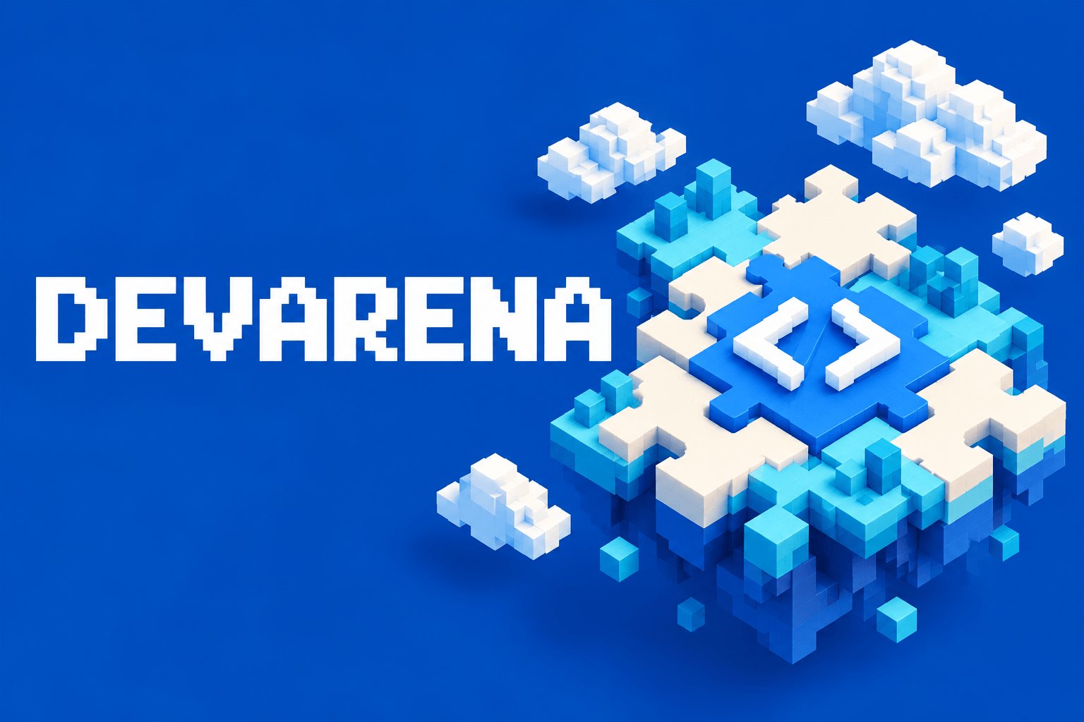 Illustrated DEVARENA cover with a voxel coding island, puzzle pieces, and clouds on blue