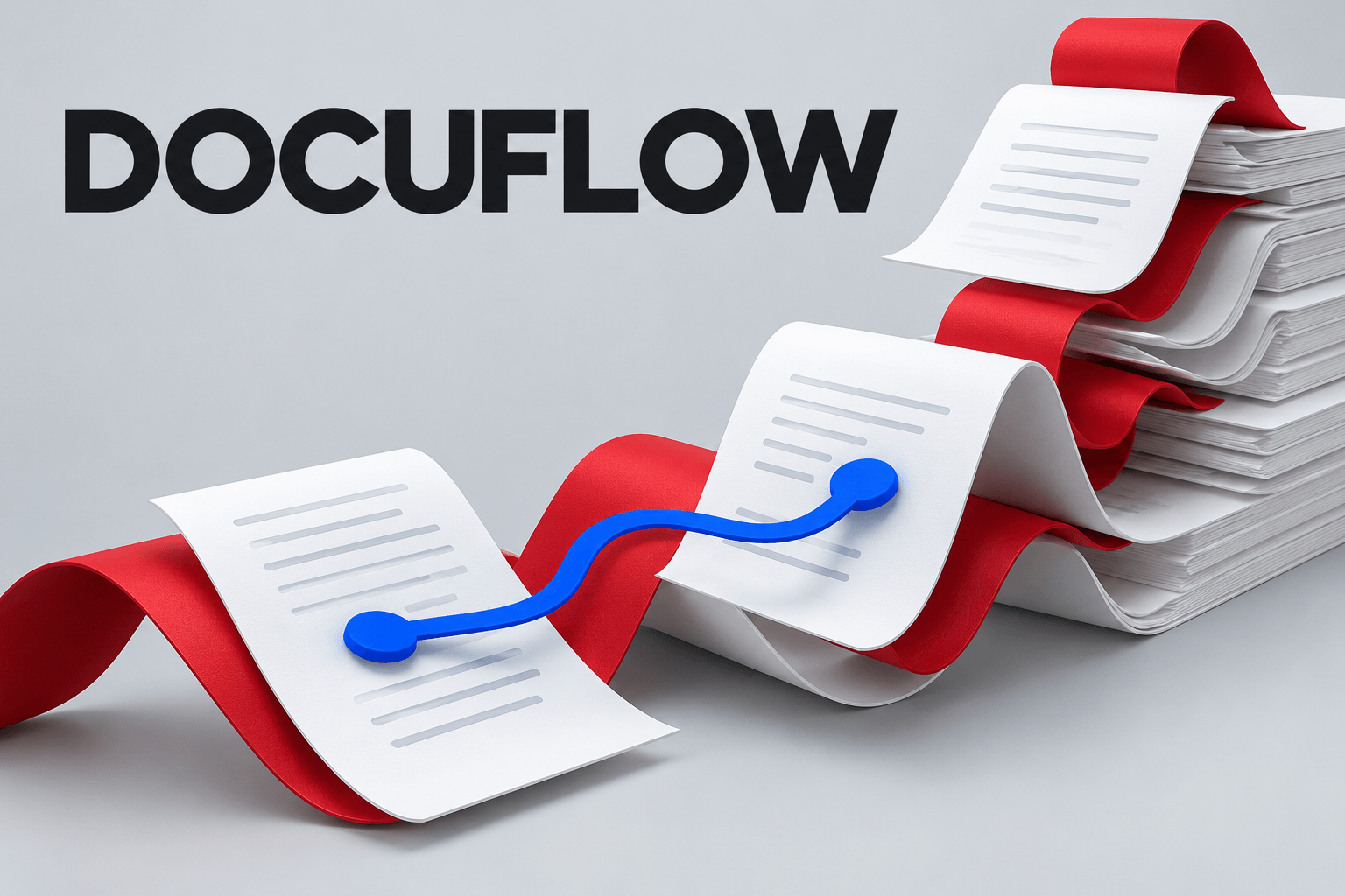 Illustrated Docuflow cover with flowing white documents connected by red and blue ribbons