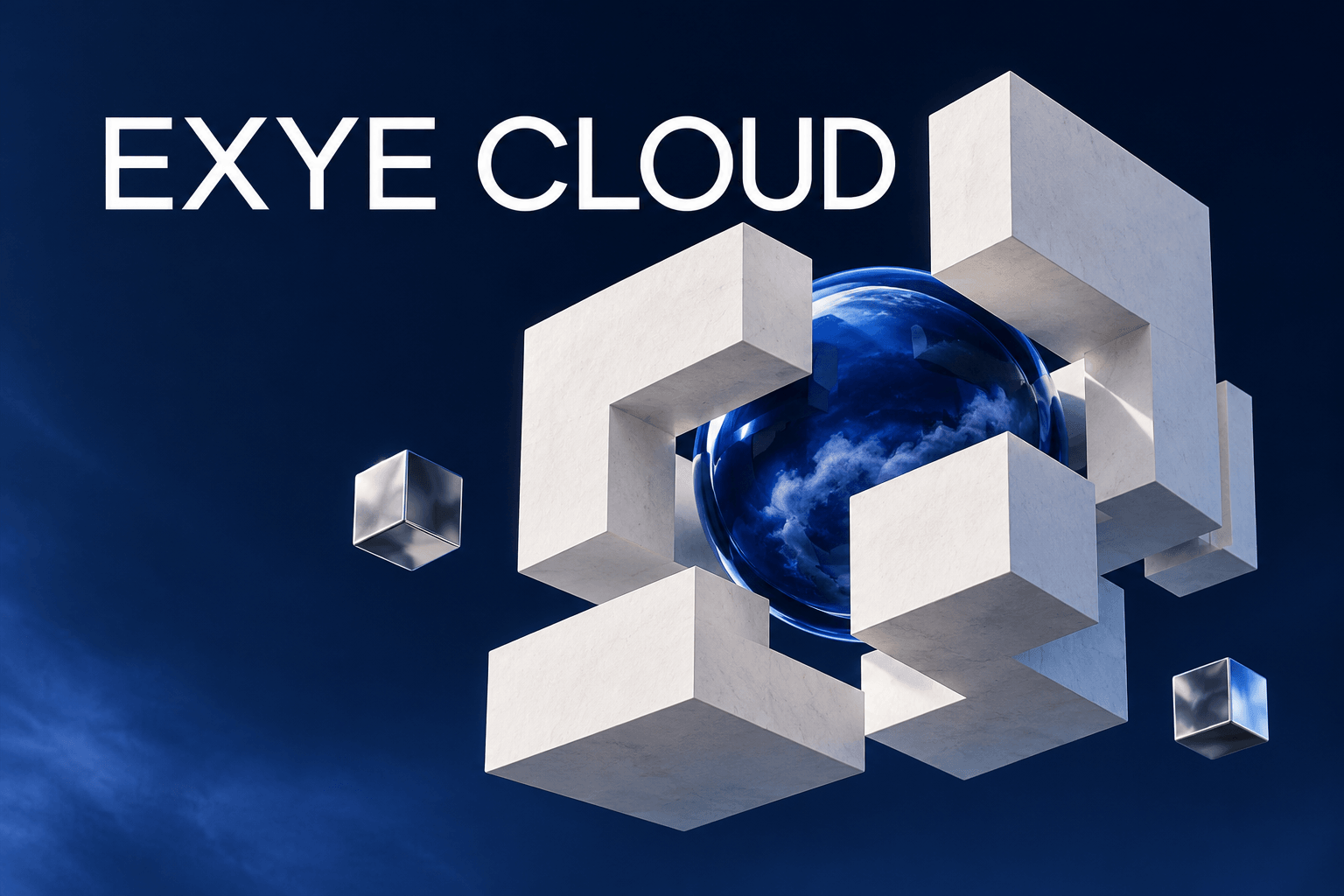 Conceptual EXYE Cloud cover with white cubic architecture around a cobalt sphere on navy