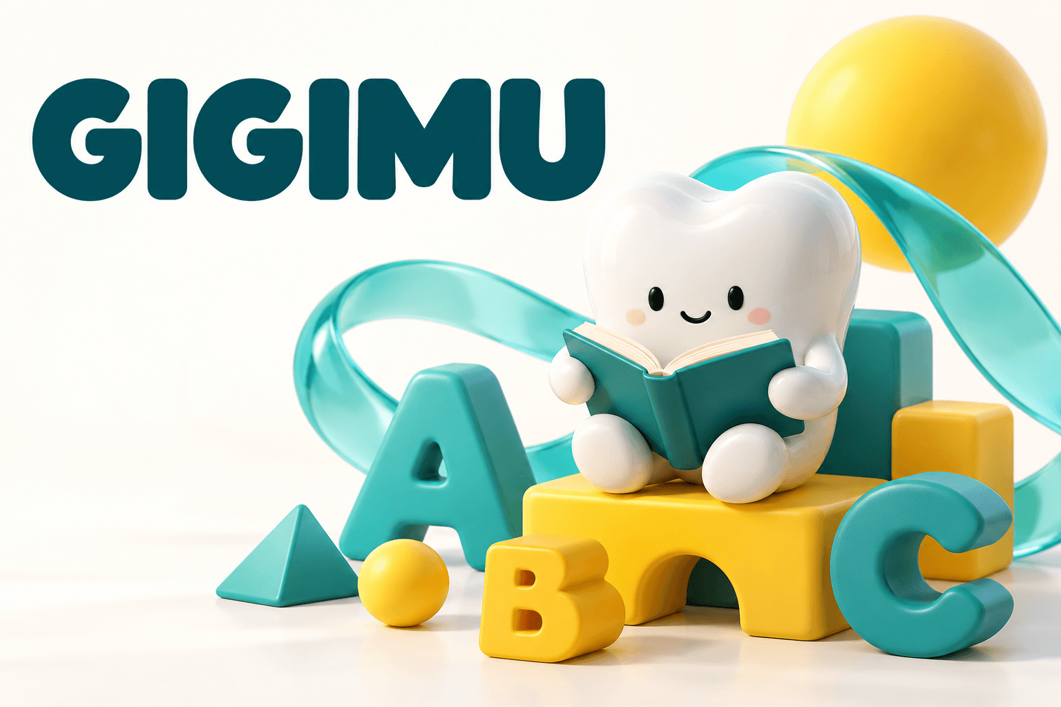 Illustrated Gigimu cover with a friendly tooth character reading a book, teal ribbons, and colorful learning blocks