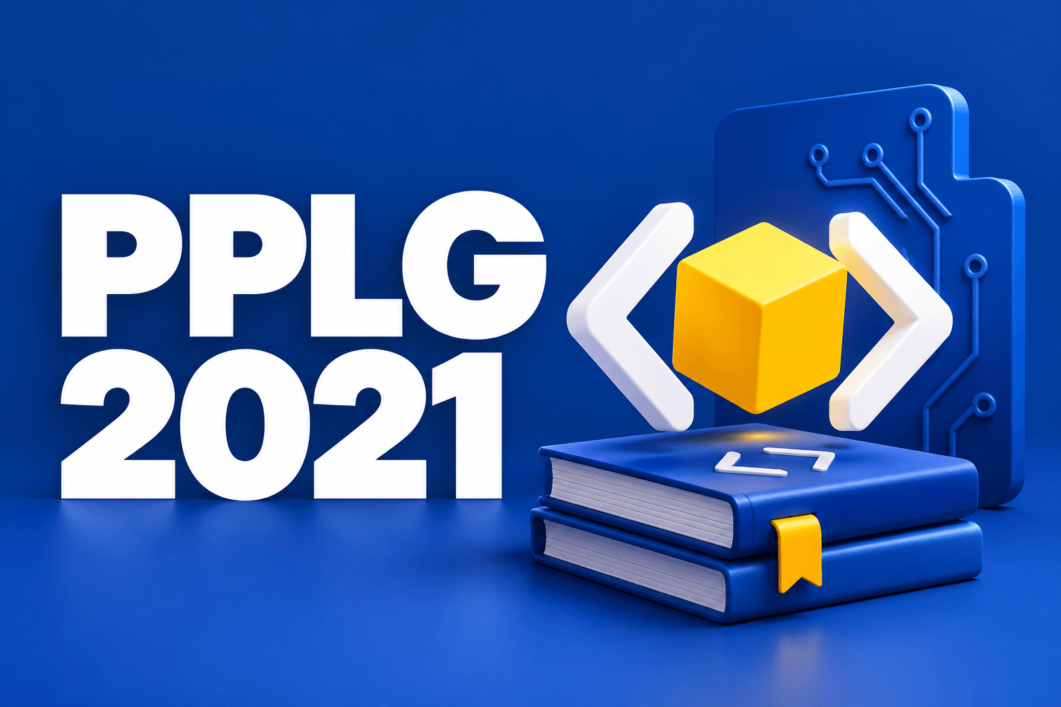 Illustrated PPLG profile cover with code brackets, a yellow cube, and books on blue