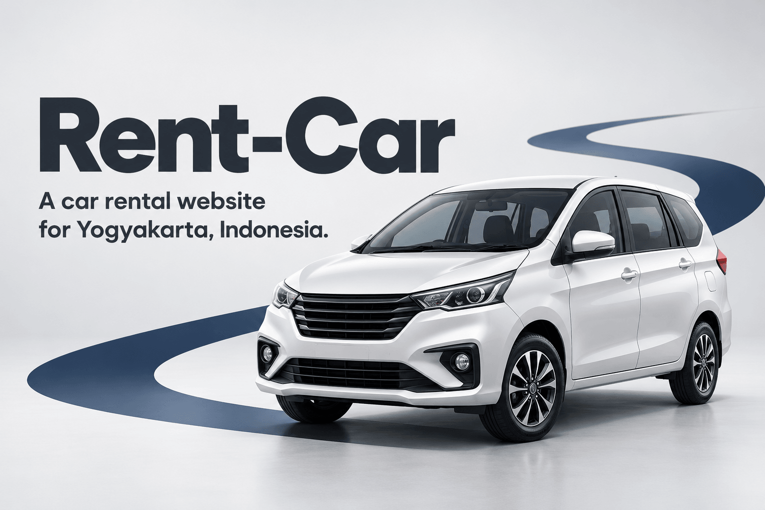 Illustrated Rent-Car cover with a white car and a blue route ribbon on graphite