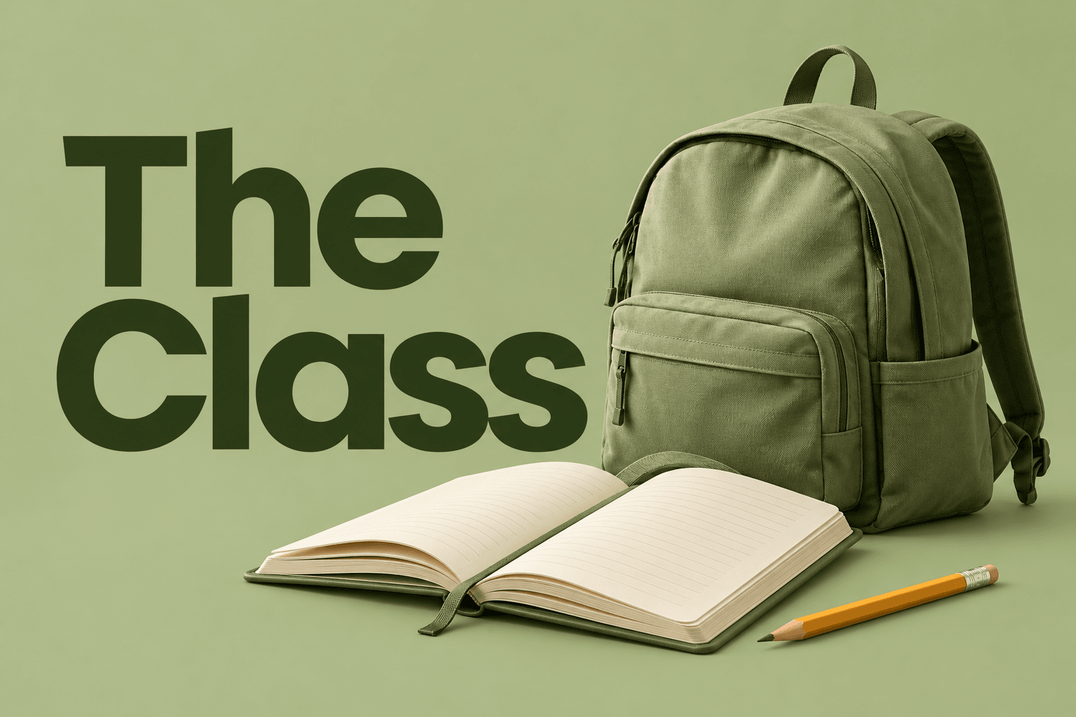 Illustrated The Class cover with a backpack, notebook, and pencil on sage green