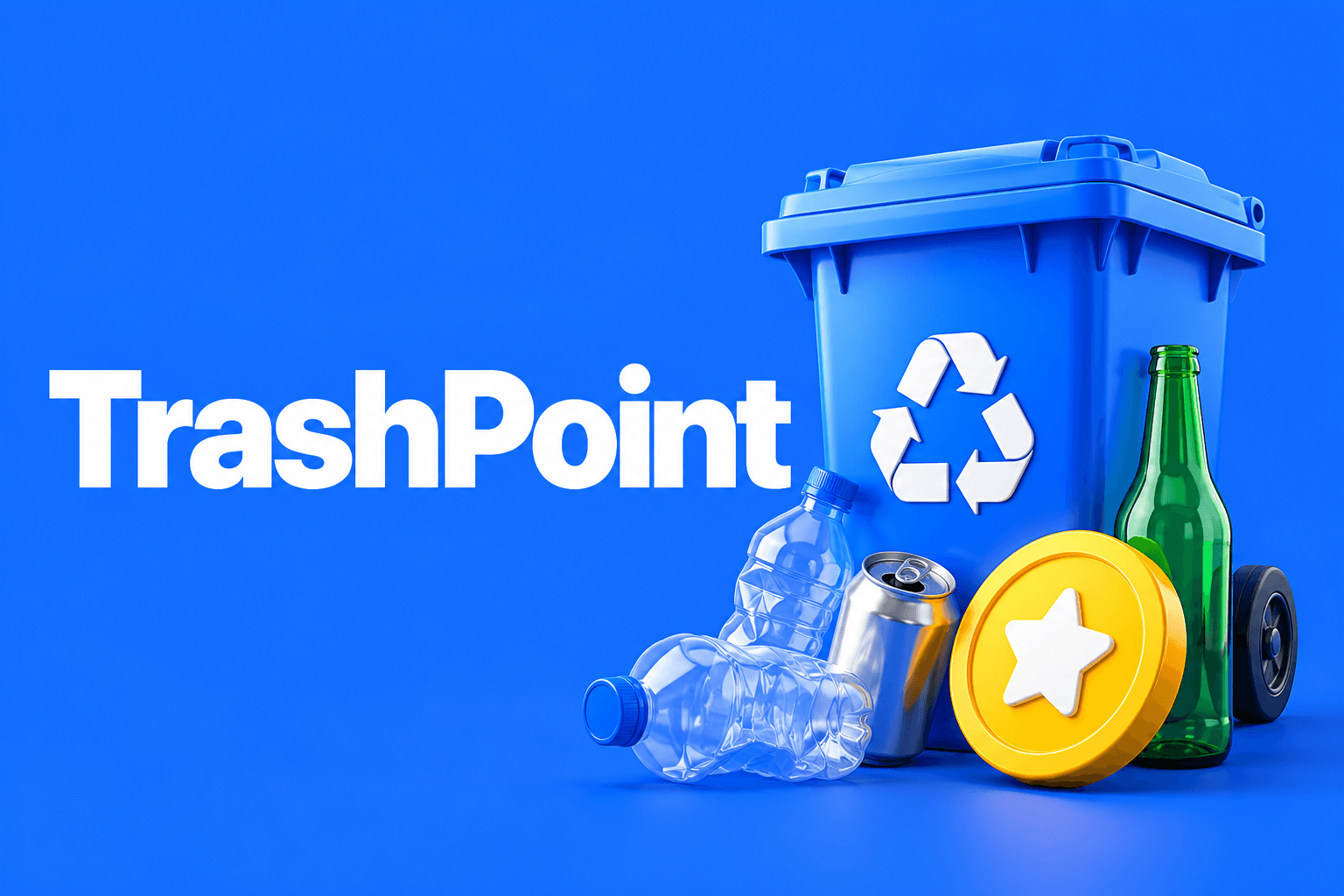Illustrated TrashPoint cover with a recycling bin, bottles, and a yellow reward token on cobalt blue