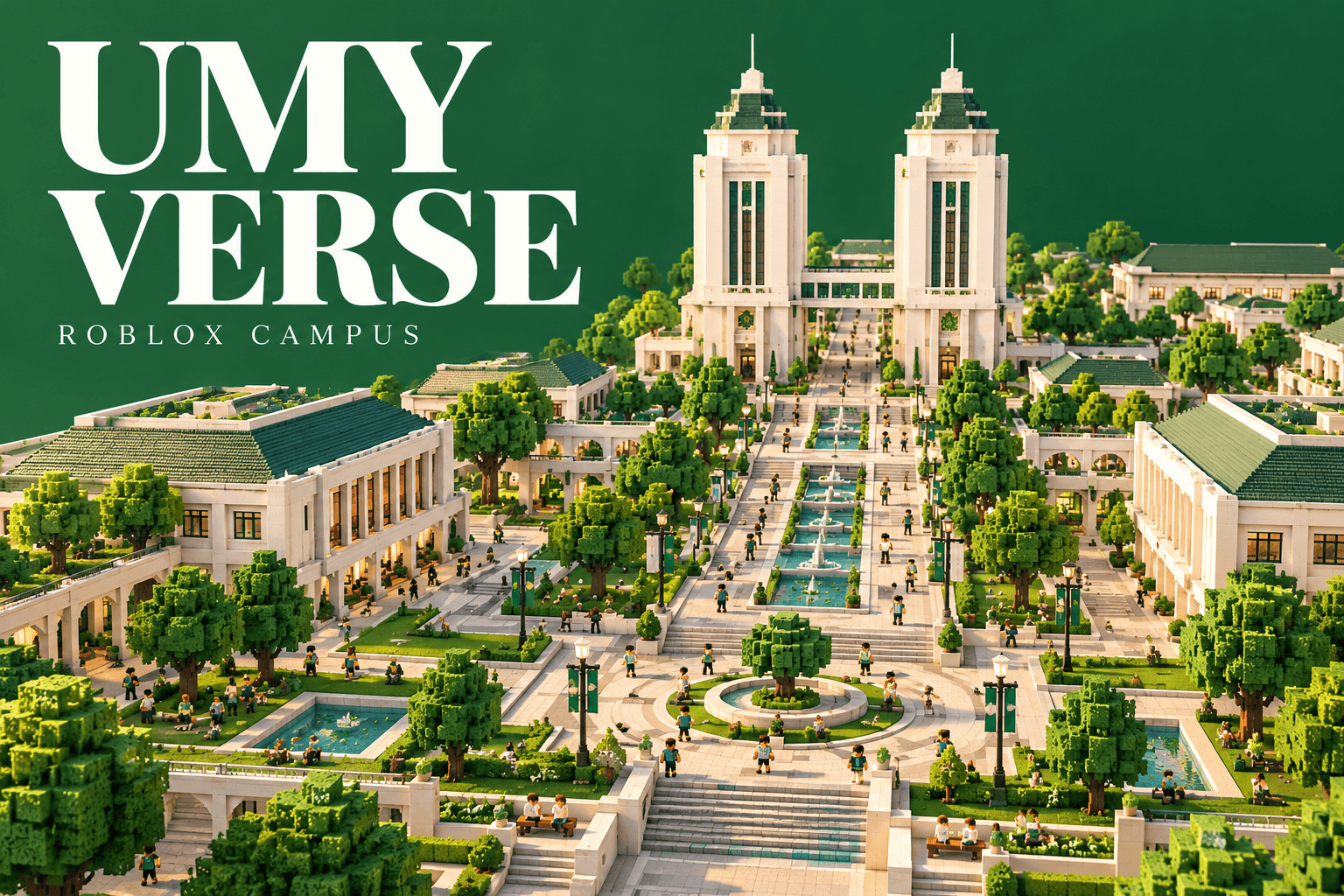 Conceptual UMY Verse cover with a green and white voxel campus, twin towers, a boulevard, and trees