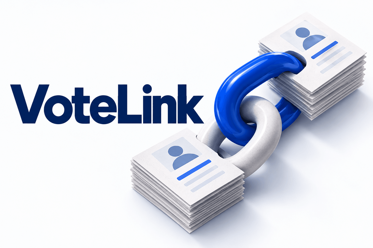 Illustrated VoteLink cover with interlinked blue and white rings and abstract records