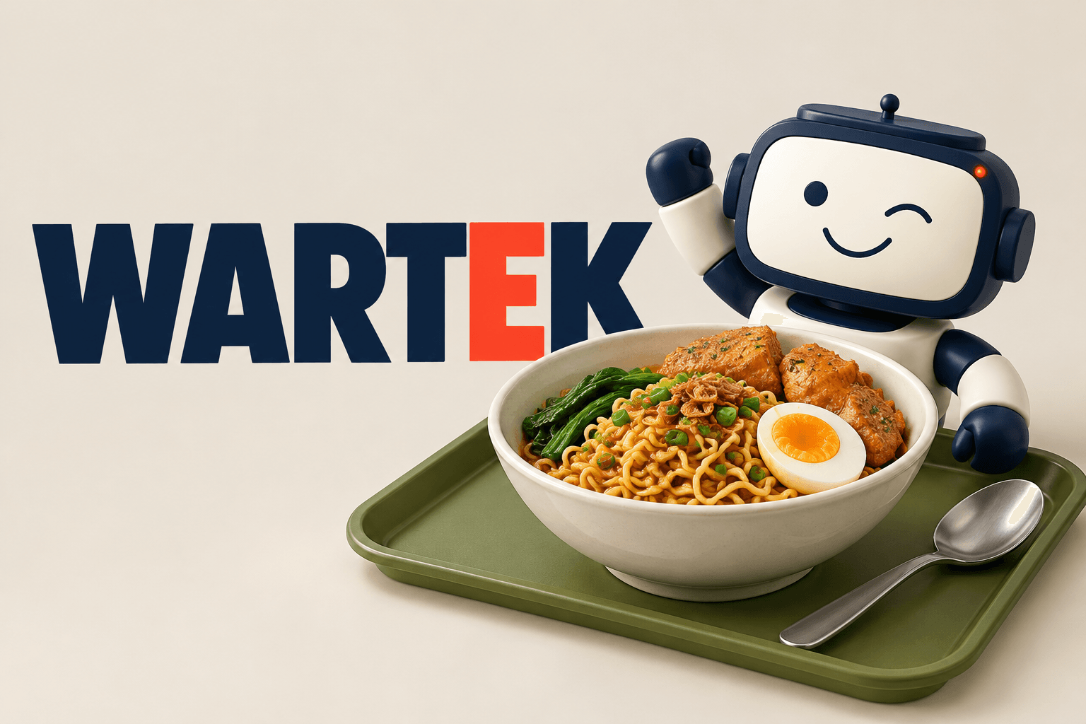 Illustrated WARTEK cover with a friendly orange robot and a noodle bowl on cream